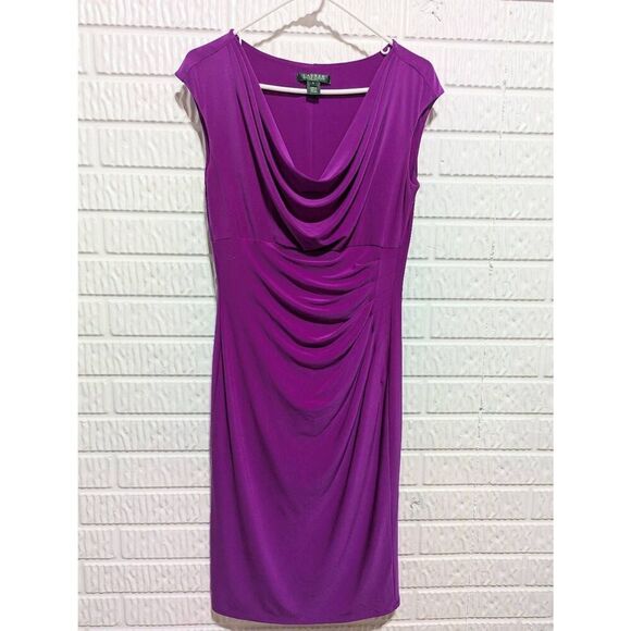 Ralph Lauren Women's Fuschia Solid Shiny Knitted Ruched Side Dress Size 8 - Picture 1 of 7
